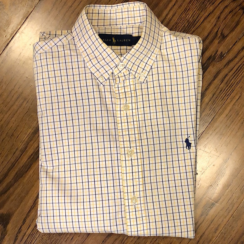 RALPH LAUREN Long Sleeve Yellow Blue Plaid Button Down Dress Shirt Sz Large